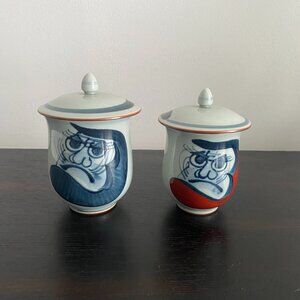 Set of 2 Covered Tea Cups Hasami Yaki Ware Yunomi Daruma Doll Hand Painted